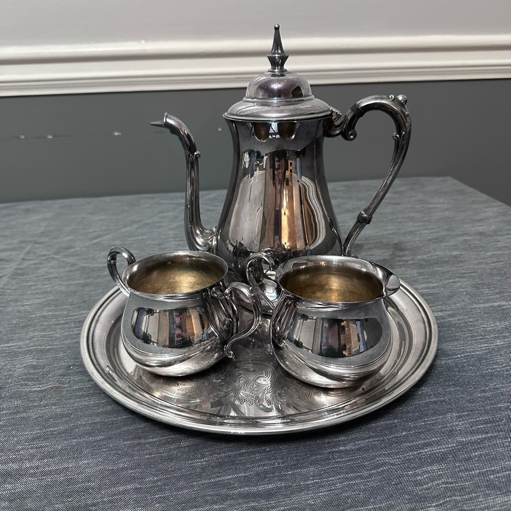 Sheridan Silver Plated Silver on Copper Tea Set w/ Unmarked Footed Tray